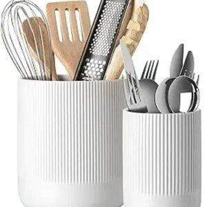 Kitchen Utensil Holder for Countertop Large Cooking Utensil Crocks 2 Set White